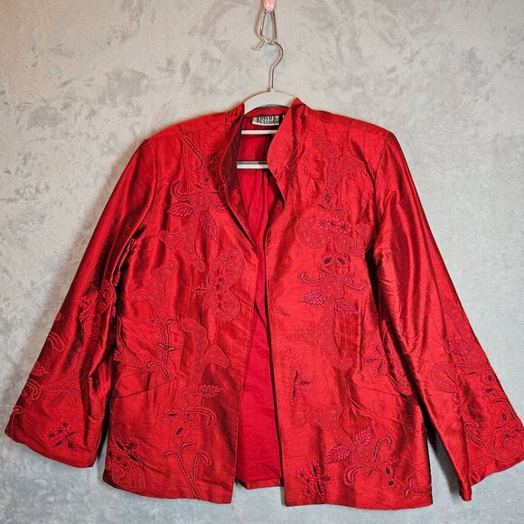 Chico's Womens m Silk Embroidered Red Jacket Coat Career Part Open Business - Picture 4 of 14